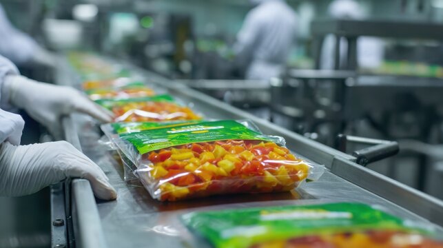 a detailed view of a food processing facility shows packaged vegetables moving along a stainless steel conveyor belt prepared for distribution high quality professional modern elegant