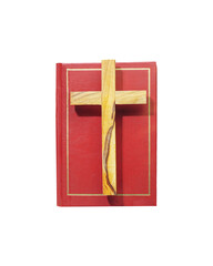 Wooden Christian Cross on Red Hardcover Bible Isolated on Transparent Background. Modern Spiritual Concept of Faith, Sacred Scriptures, and Religious Heritage for Church Branding and Gospel Designs