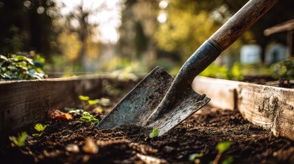 Fototapeta premium a close up view displays a gardening trowel partially embedded in rich dark soil within a wooden raised garden bed suggesting recent work high quality professional