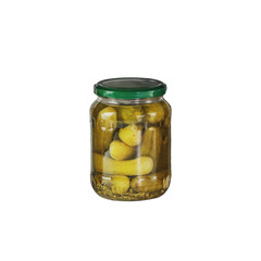 Glass Jar of Pickled Gherkins with Green Lid Isolated on Transparent Background. Concept of Organic Homemade Preserves, Healthy Fermented Food, Food Storage, and Grocery Retail Marketing Assets