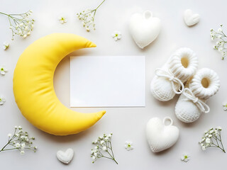 Cute baby boy or girl announcement with yellow moon and white hearts