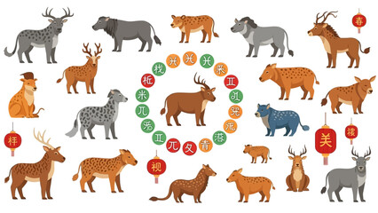Fototapeta premium Diverse animal illustrations arranged in a circular pattern around a central figure surrounded by symbolic lanterns