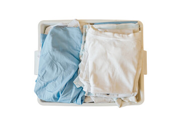 White Plastic Laundry Basket with Folded Blue and White Linens Isolated on Transparent Background. Modern Concept of Household Chores, Home Organization, and Professional Cleaning Services