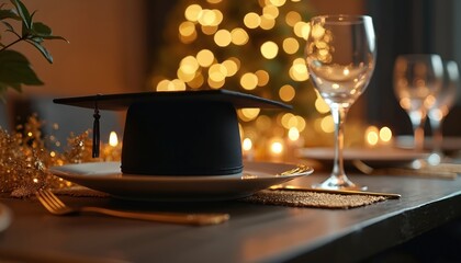 Black graduation cap sits on plate at formal dinner table. Golden festive decor and blurred lights create elegant celebratory atmosphere for academic achievement.