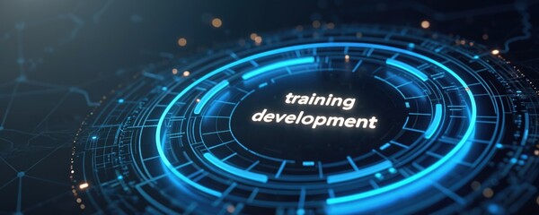 Abstract digital interface displays training development. Futuristic glowing circles, lines suggest online learning, business growth, tech education. Network connections aid global skill improvement.