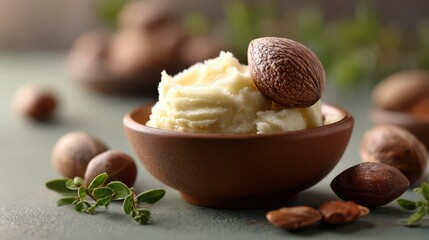 a close up shot features shea butter in a small brown bowl surrounded by shea nuts and some green leaves highlighting its natural texture high quality