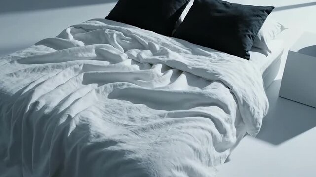 Serene Bedroom Scene Featuring A Comforting White Bedding Set And Minimalist Decor Elements