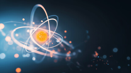 Glowing atomic model with orbiting electrons in dark space, concept of science, physics, and modern technology
