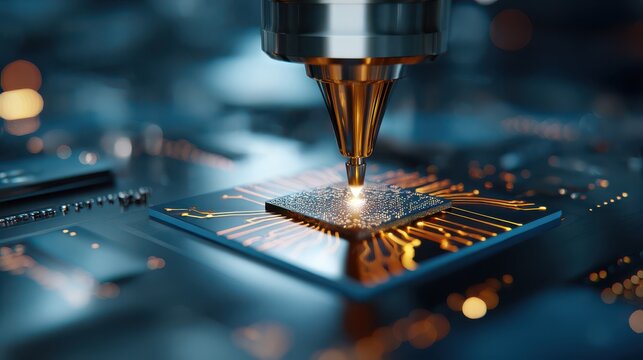 A detailed view showcases a precision laser meticulously engraving intricate patterns onto a silicon microchip with advanced technology high quality professional modern elegant stylish clean crisp