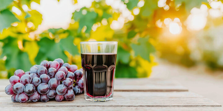 Red grape juice in a glass, alongside ripe grapes on a wooden surface, with a sunny vineyard background - Powered by Adobe