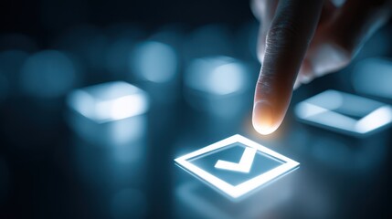 a close up view of a human finger pressing a glowing checkmark icon on a dark futuristic interface high quality professional detailed modern elegant stylish clean
