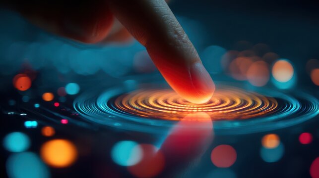 a human finger gently touches a glowing circular interface with radiating concentric waves surrounded by a blurred bokeh effect of vibrant colors high quality professional detailed - Powered by Adobe