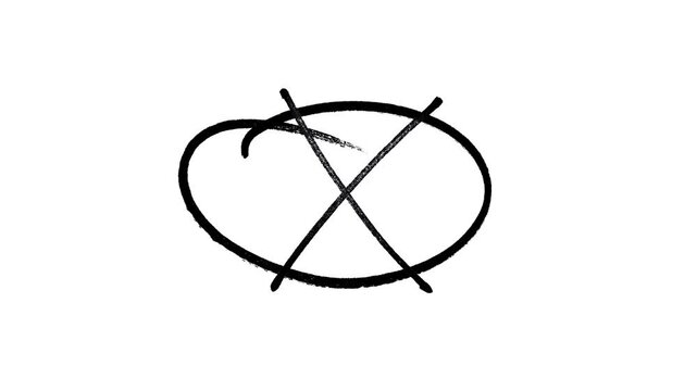 Minimalist black error sign with a hand painted X and oval frame representing wrong answers cancellation and restricted access in creative videos.
