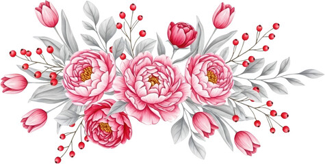Delicate horizontal arrangement of pink peonies and tulips combined with gray foliage and bright red berries creating a floral border design element peony pink flowers floral arrangement
