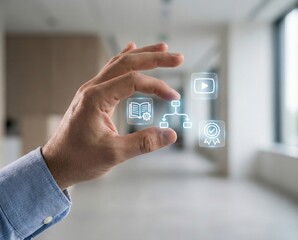 Hand interacting with futuristic digital interface icons representing e-learning system management training certification and video tutorial