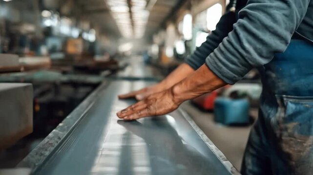 Medium shot of hands applying anodizing solution on seamless steelglass hybrid surface highlighting smooth texture and clarity in a controlled industrial environment.
