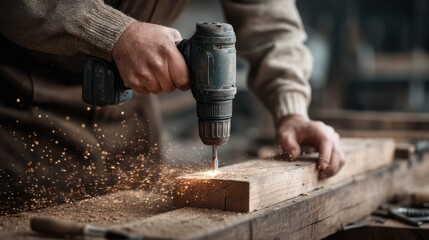 Craftsman Operating Power Drill in Workshop with Sparks Flying Creating Stunning Woodwork Scene