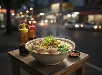 Ultra-realistic food photography of Indonesian Bakso meatball soup with clear broth, beef meatballs, noodles, and fresh herbs, served in a ceramic bowl on a small street food table.