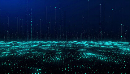 Abstract Digital Network Background with Glowing Cyan Data Particles and Vertical Light Streaks in Cyberspace