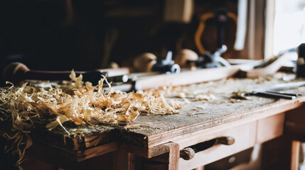 Wood shavings and hand tools on a rustic workbench surface in a dark carpentry workshop atmosphere