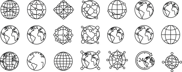 Global network technology icons set, world map earth globes collection, communication data connection flat vector © MDAbu