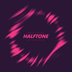 Abstract vector torn halftone fluid wavy circle frame. Scratched dotted pop art dynamic round frame.