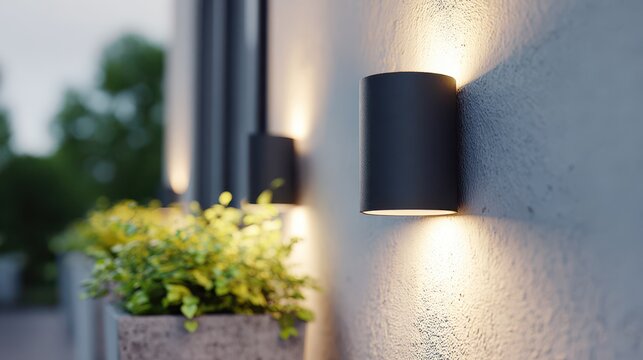 a close up view reveals sleek cylindrical outdoor wall lights illuminating a textured gray wall with vibrant greenery nearby high quality professional detailed modern elegant stylish - Powered by Adobe