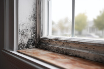 Window frame corner with black mold growth