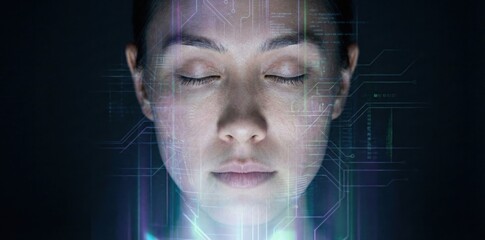 Calm woman with closed eyes surrounded by virtual circuit interface visualizing future human AI integration and digital learning
