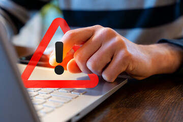 Cybersecurity Warning While Working On Laptop, Phishing Scam Spam Malware Security Threat Alert For Online Banking, Email Login Protection And Software Error