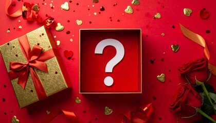 Red background, open empty gold and red gift box, lid next to it, on the bottom of the box a large white question mark, top view, around it gold heart-shaped confetti, red and gold ribbons, red roses.
