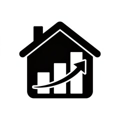 Black silhouette of a house with an upward-trending bar chart inside, symbolizing real estate growth and property value increase.