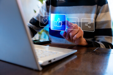 Social Media Engagement Like Comment Share On Laptop, Collecting Likes And Feedback For Online Marketing, Distraction And Soial Media Addiction Risk Awareness