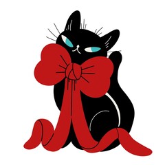 A black cat with a red ribbon that shines blue eyes on white background.