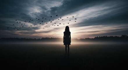 Girl silhouetted, birds fly into a moody sky
