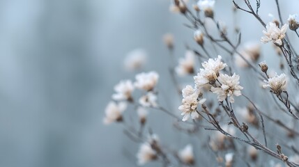 Small cream-colored flowers on thin branches are gently coated with ice crystals in a soothing winter atmosphere.