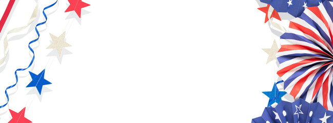 Fourth Of July Paper Decorations With Stars And Stripes Fans On White Background For Patriotic Celebration Design. Concept Of American Independence Day, National Holidays, Banners, Party Invitations