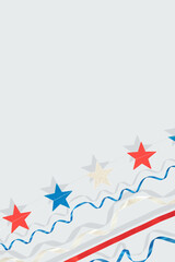 Patriotic festive background with red, white, and blue ribbons and glittering star garlands on a light backdrop. Perfect for Independence Day, Memorial Day, or patriotic celebration-themed cards