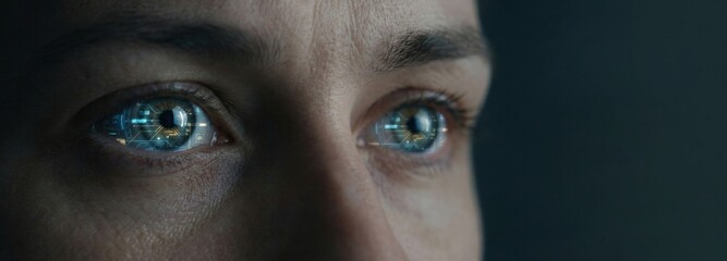 Extreme closeup of human eyes with digital data interface reflection visualizing futuristic biometric technology concept
