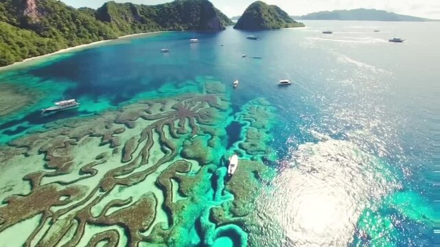 Stunning Tropical Coastline Beach Scene Viewed From Above. Island Life Landscape Idyllic Beautiful. Island Life Water Edge Coast.