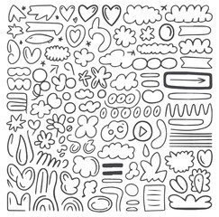 Black and white hand drawn doodle shapes collection for creative journal stickers web design elements flat vector illustration art