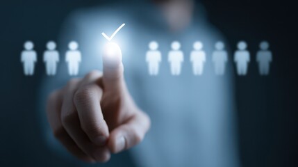 a hand is reaching out and selecting a glowing figure from a line of silhouetted people symbolizing choice and human resources high quality professional detailed modern