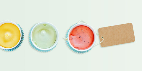 Minimalist Dairy-Free Ice Cream Assortment in Pastel Cups with Blank Kraft Tag for Branding. Modern Aesthetic Concept of Vegan Desserts, Lactose-Free Healthy Treats, and Summer Food Marketing