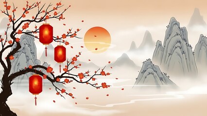 Minimal Chinese Landscape with Red Lanterns
