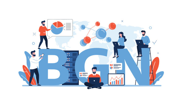 Business teamwork concept with the acronym BGN, featuring miniature people working with data servers, financial charts, and laptops on a world map background.