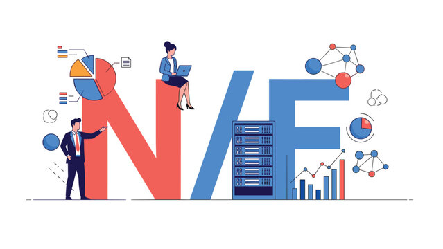 Business illustration for the NAF acronym concept, featuring a team working with data servers, pie charts, and network diagrams for a corporate project.