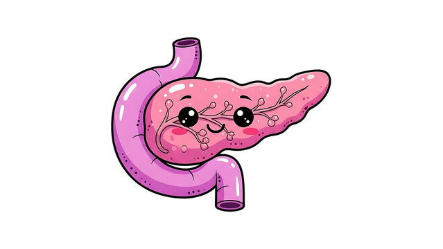 Cute Kawaii Pancreas and Duodenum Cartoon Character Illustration Isolated on White Background