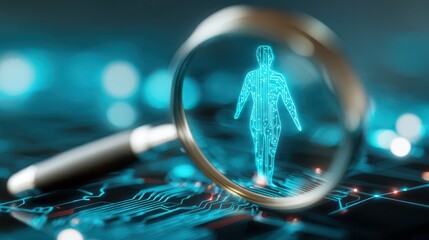 a detailed examination reveals a digital human form illuminated within the focus of a magnifying glass over circuitry high quality professional modern elegant stylish clean crisp