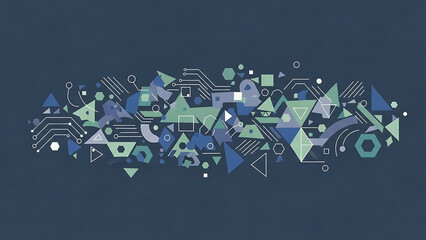 Modern geometric shapes in blue and green on dark background