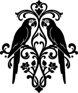Decorative silhouette of two macaws on baroque floral ornament